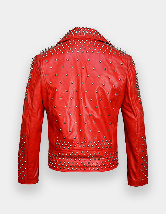 Men's Red Full Studded Leather Jacket, Biker-Jacke mit Nieten